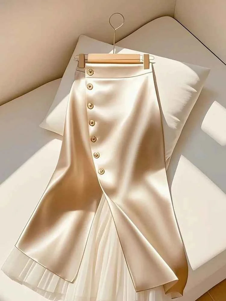 Elegant Satin Long Skirts for Women Fashion Spliced Mesh Single Breasted Slit Maxi Skirt 2025 New Commuting Lady Skirt