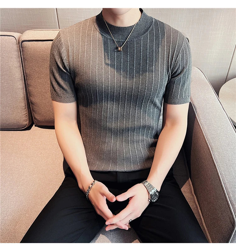 Men's High-End Casual Short Sleeve knitting Sweater/Male High collar Slim Fit Stripe Set head Knit Shirts Plus size S-4XL GONZALES ONLINE SHOP