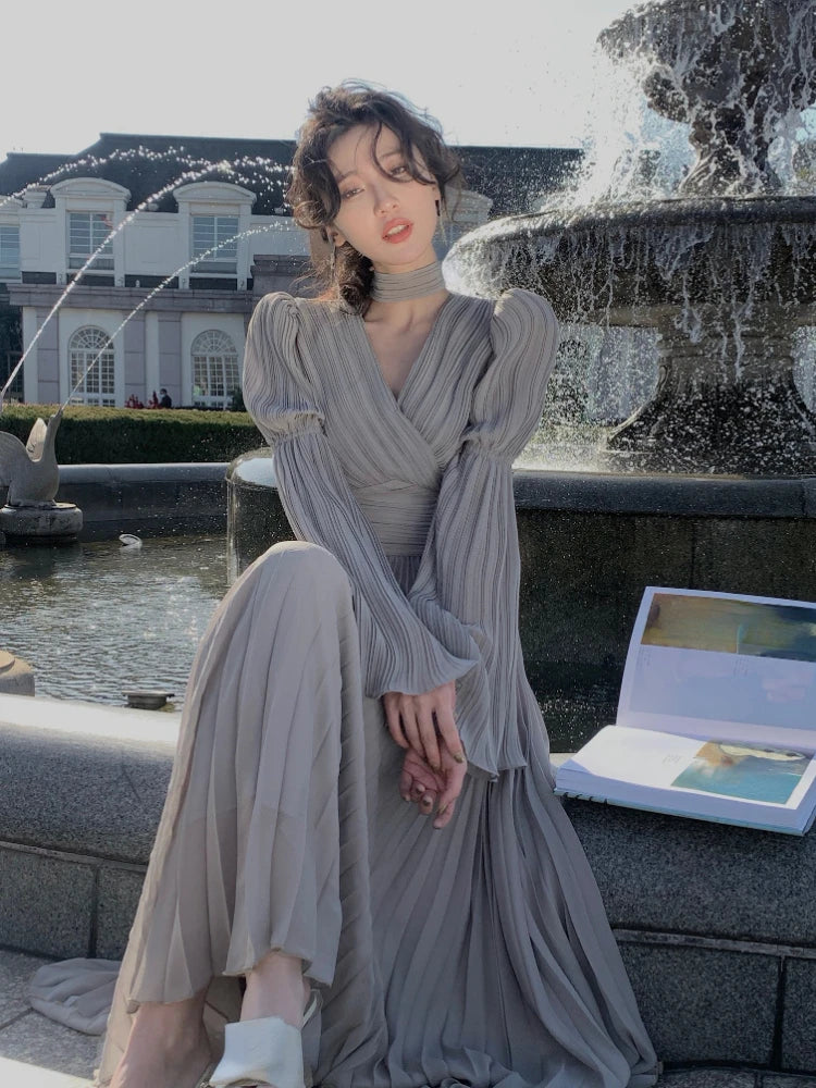 Chiffon Fairy Long Dress Women Korean Fashion Midi Dress Female Summer Elegant Irregular Ruffles V-Neck Halter High Waist Dress GONZALES ONLINE SHOP