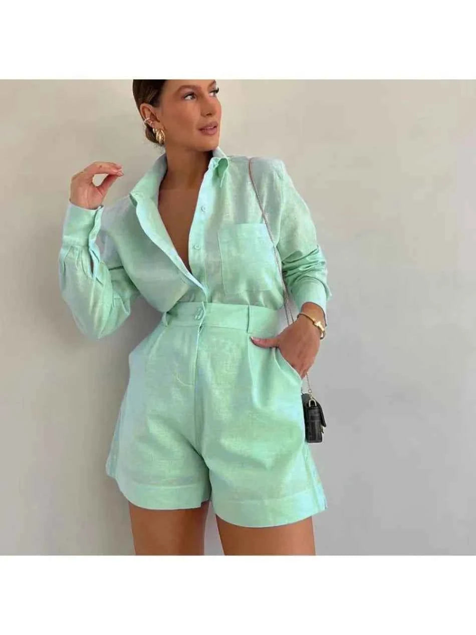 Women Long Sleeve 2 Pieces Sets Casual Simple Button Pockets Short Pant with Shirts Tops 2026 Summer Fashion Suit Female Outfits