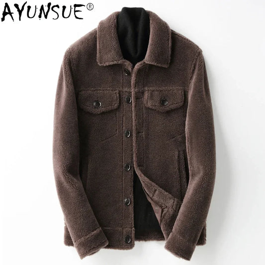 AYUNSUE Grain Sheep Shearling Jacket Men Clothes Men's Fur Coat Fur All-in-one Leather Jacket Men's Lamb Wool Outerwear Winter GONZALES ONLINE SHOP