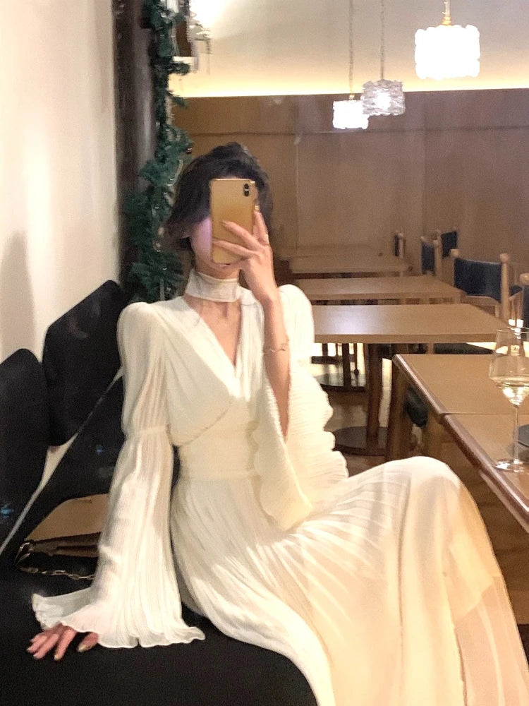 Chiffon Fairy Long Dress Women Korean Fashion Midi Dress Female Summer Elegant Irregular Ruffles V-Neck Halter High Waist Dress GONZALES ONLINE SHOP