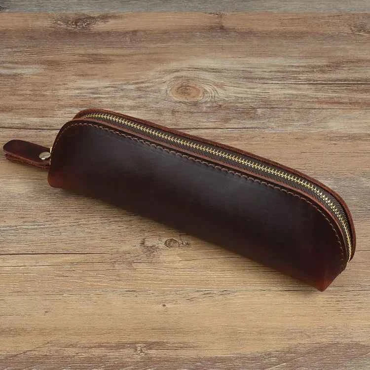Vintage Leather Pencil Bag Simple Stationery Hoder Pen Case Storage Bag Zipper Pencil Pouch Glasses Box School Supplies