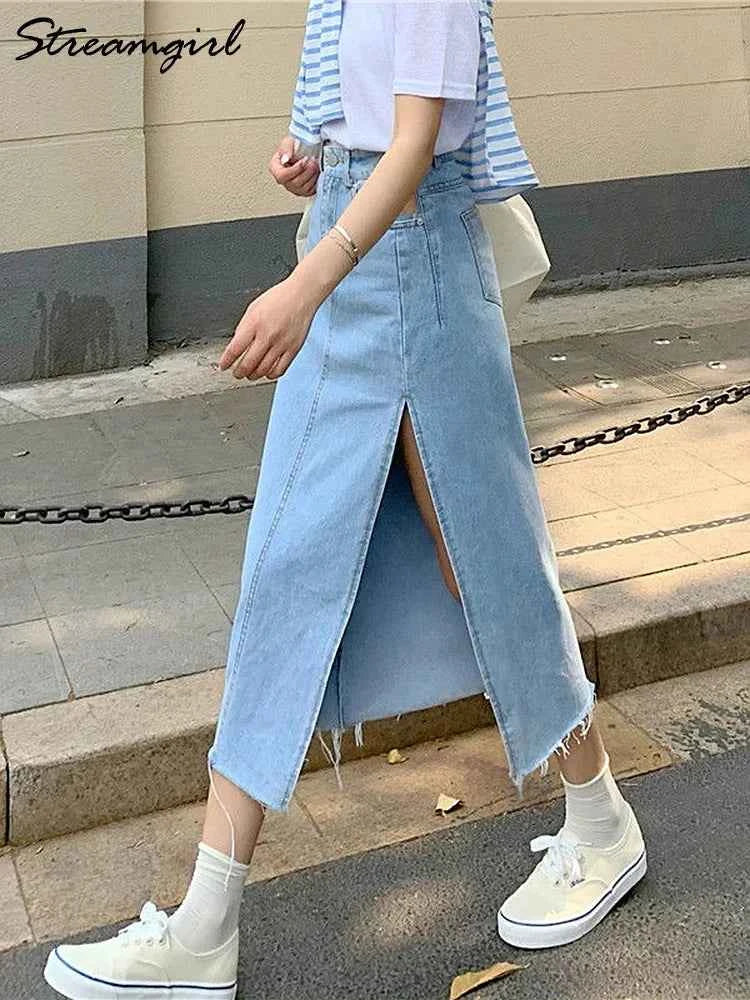 Streamgirl Maxi Jeans Skirt Women Denim Long Skirts Summer 2024 Vintage Maxi Skirt Side Split Denim Skirt Women Long Korean
