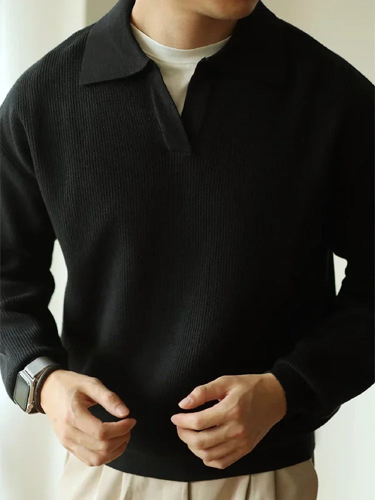 Fall Knitted Polo Shirts for Men - Casual Long Sleeve Turn-down Collar Jumper Tops - GONZALES ONLINE SHOP