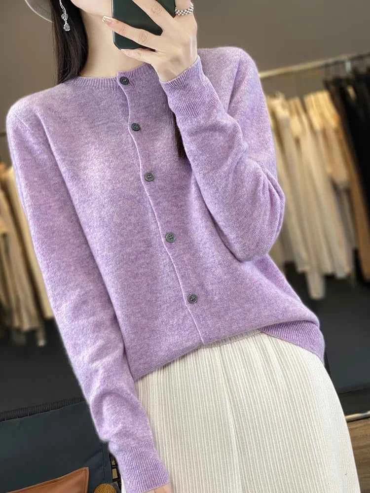 100% Merino Wool Sweater Women O-Neck Cardigan Basic Style  Buttoned Knitwear Female Casual Autumn Winter Soft Tops