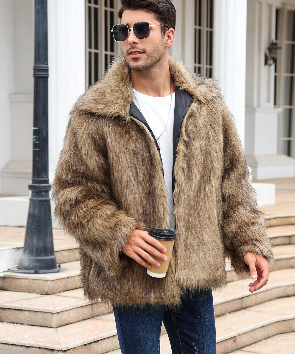 Men Faux Fox Fur Jacket Coat Winter Thick Fluffy Long Sleeve Lapel Warm Shaggy Outerwear Luxury Fur Jacket Bontjas Jackets Mens GONZALES ONLINE SHOP