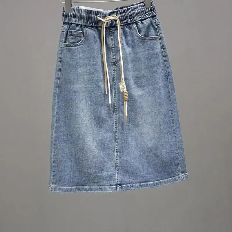 Women's Denim Skirt Midi To Knees Length with Pocket Zipper Female Jeans Skirts Chubby Slit Casual Modest Clothing Trend 2025 V GONZALES ONLINE SHOP