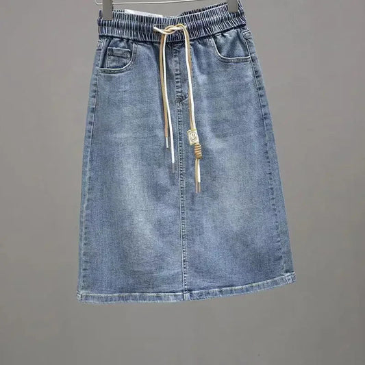 Women's Denim Skirt Midi To Knees Length with Pocket Zipper Female Jeans Skirts Chubby Slit Casual Modest Clothing Trend 2025 V GONZALES ONLINE SHOP