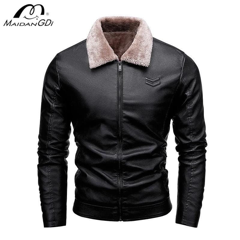 MaiDangDi Men's Leather Jacket with Plush Lining  Motorcycle Style Top  Artificial Leather Jacket Mens Fur Coat  Winter Men GONZALES ONLINE SHOP