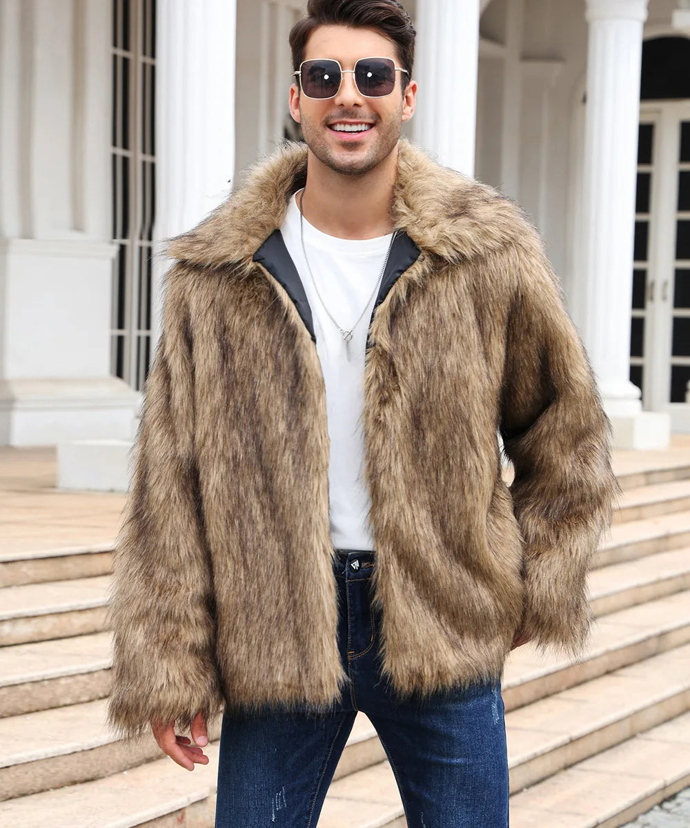 Men Faux Fox Fur Jacket Coat Winter Thick Fluffy Long Sleeve Lapel Warm Shaggy Outerwear Luxury Fur Jacket Bontjas Jackets Mens GONZALES ONLINE SHOP