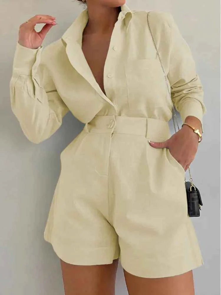 Women Long Sleeve 2 Pieces Sets Casual Simple Button Pockets Short Pant with Shirts Tops 2026 Summer Fashion Suit Female Outfits