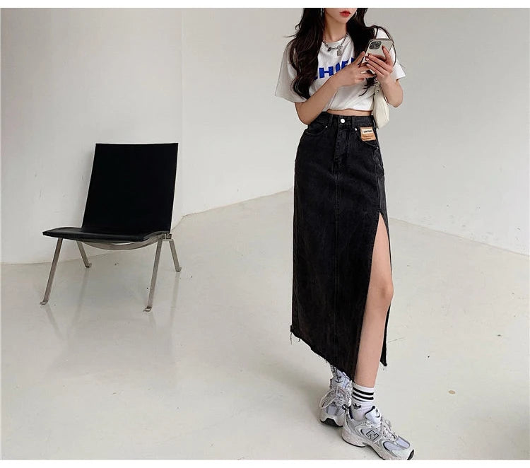 Streamgirl Maxi Jeans Skirt Women Denim Long Skirts Summer 2024 Vintage Maxi Skirt Side Split Denim Skirt Women Long Korean GONZALES ONLINE SHOP