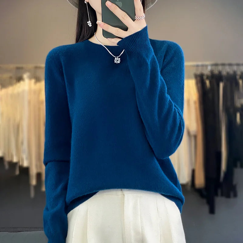 100% Merino Wool Sweater Women O-neck Cashmere Knitwear Female Pullover Autumn Winter Casual Tops Solid Color Soft  Clothing GONZALES ONLINE SHOP