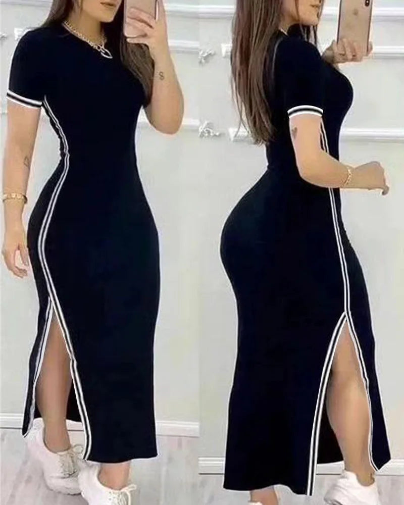 Womens Dresses Spring Fashion Striped High Slit Casual 0-Neck Short Sleeve Daily Skinny Maxi A-Line Dress Woman Clothing GONZALES ONLINE SHOP