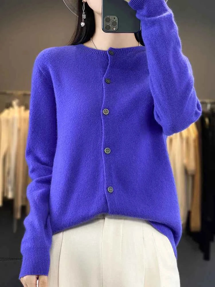 100% Merino Wool Sweater Women O-Neck Cardigan Basic Style  Buttoned Knitwear Female Casual Autumn Winter Soft Tops