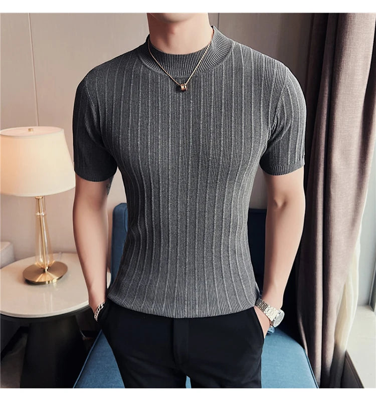 Men's High-End Casual Short Sleeve knitting Sweater/Male High collar Slim Fit Stripe Set head Knit Shirts Plus size S-4XL GONZALES ONLINE SHOP