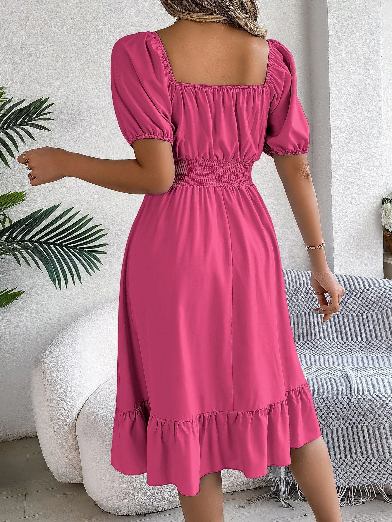 2024 New Fashion Solid Puff Sleeve Square Neck Ruched Bust Ruffle Hem Wasit Dress, Women's Clothing GONZALES ONLINE SHOP