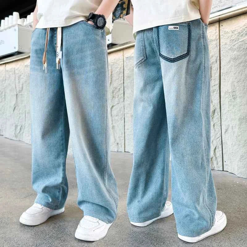 High Quality Kids Straight Fit Drawstring Jeans for Boy Girl Brief High Waist Denim Pants Unisex Child Casual Jeans Trousers