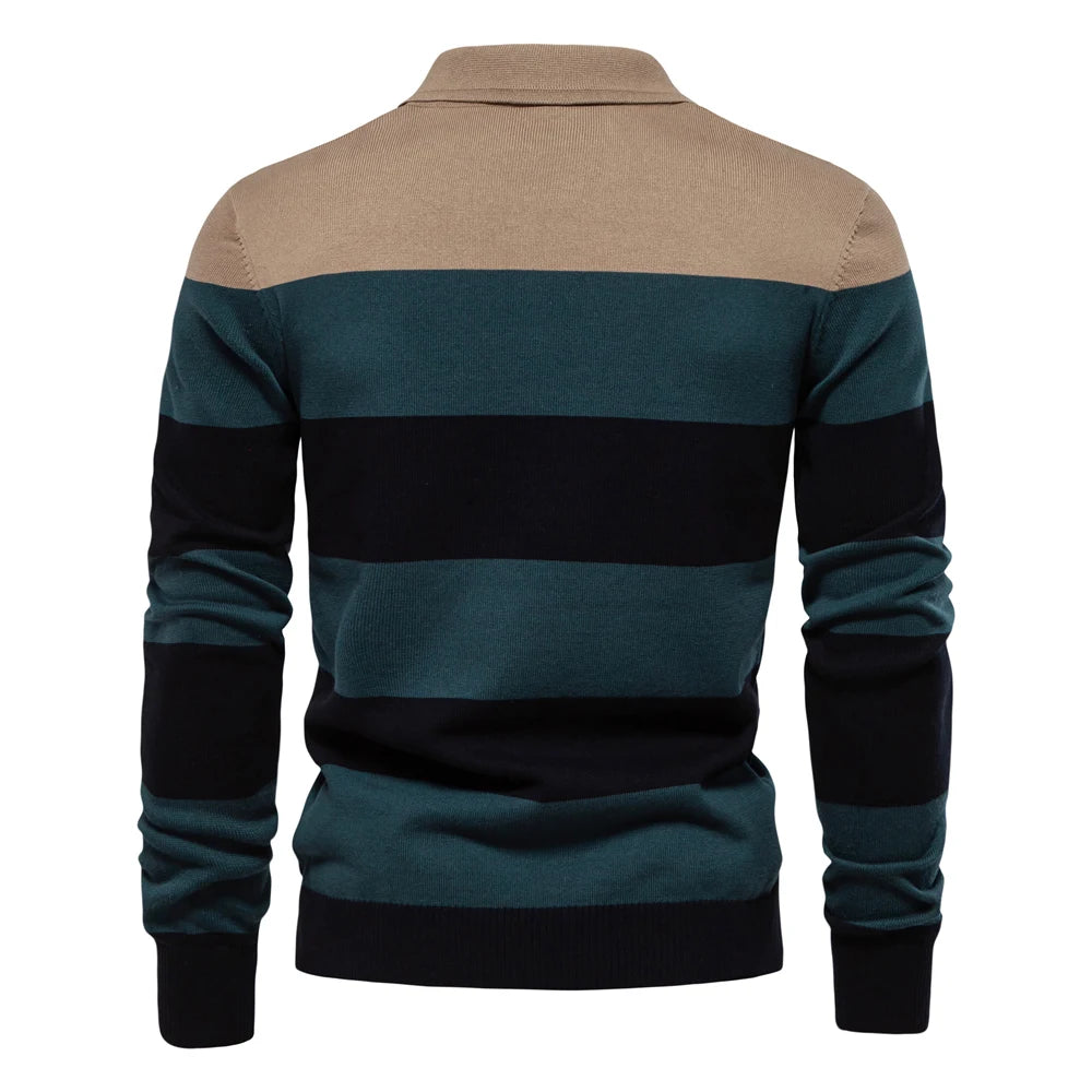 AIOPESON Mens Strip Cotton Button-up Polo Collar Sweater Knit Casual Business Sweaters for Men GONZALES ONLINE SHOP