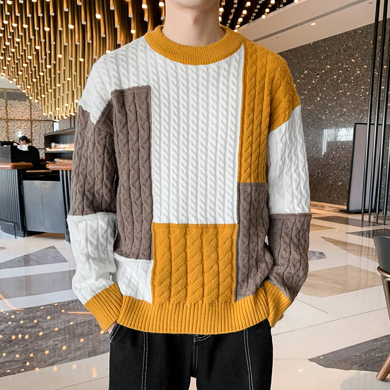 New Winter Fashion Patchwork Loose Sweater Men Streetwear High Quality Mens Casual Sweaters Warm Knitting Pullovers Men GONZALES ONLINE SHOP