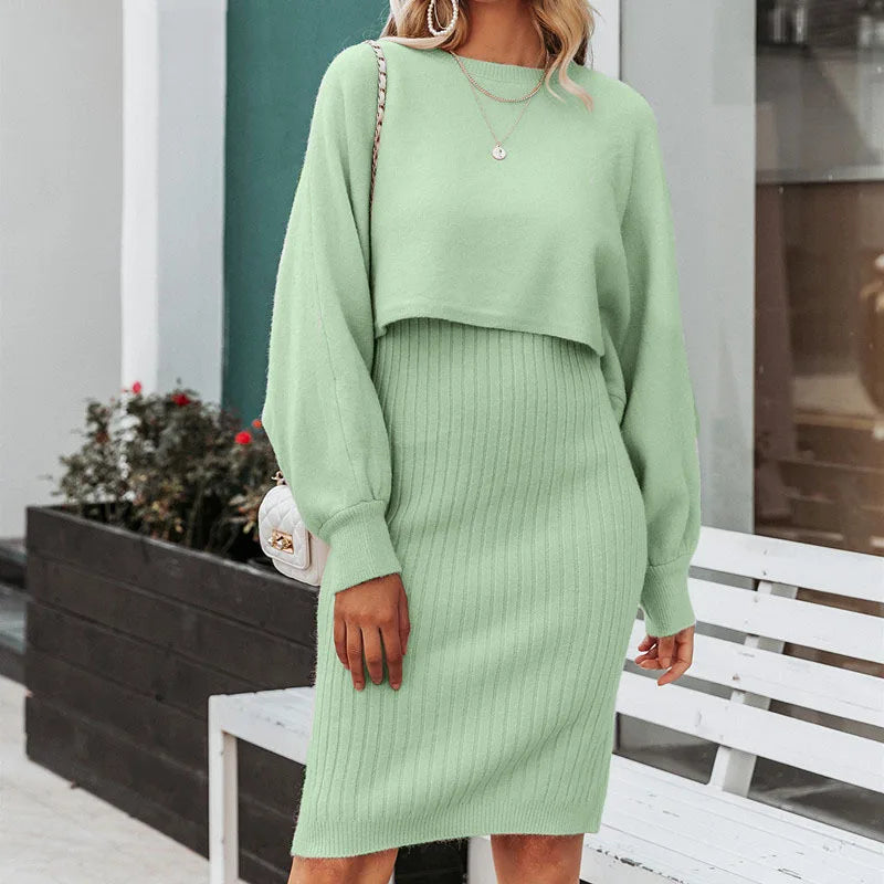 2024 autumn new two-piece set, soft versatilelazy fashionable solid color long sleeve pullover+ woolen halter V-neck long dress GONZALES ONLINE SHOP