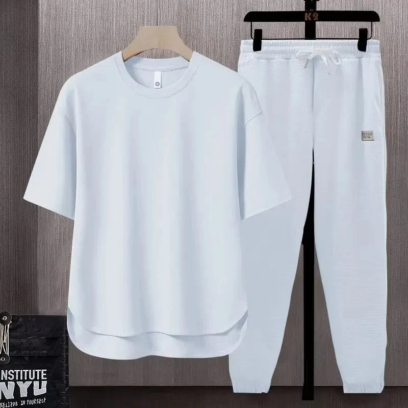 Summer Short-sleeved T-shirt Loose Drawstring Casual Suit Solid Color Men's T-shirt Drawstring Shorts Lazy Trend GONZALES ONLINE SHOP