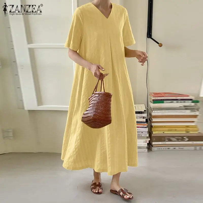 ZANZEA Elegant Women V Neck Short Sleeve Sundress Summer Fashion Casual Loose Maxi Dress Robe Femme Holiday Vestido Oversize GONZALES ONLINE SHOP