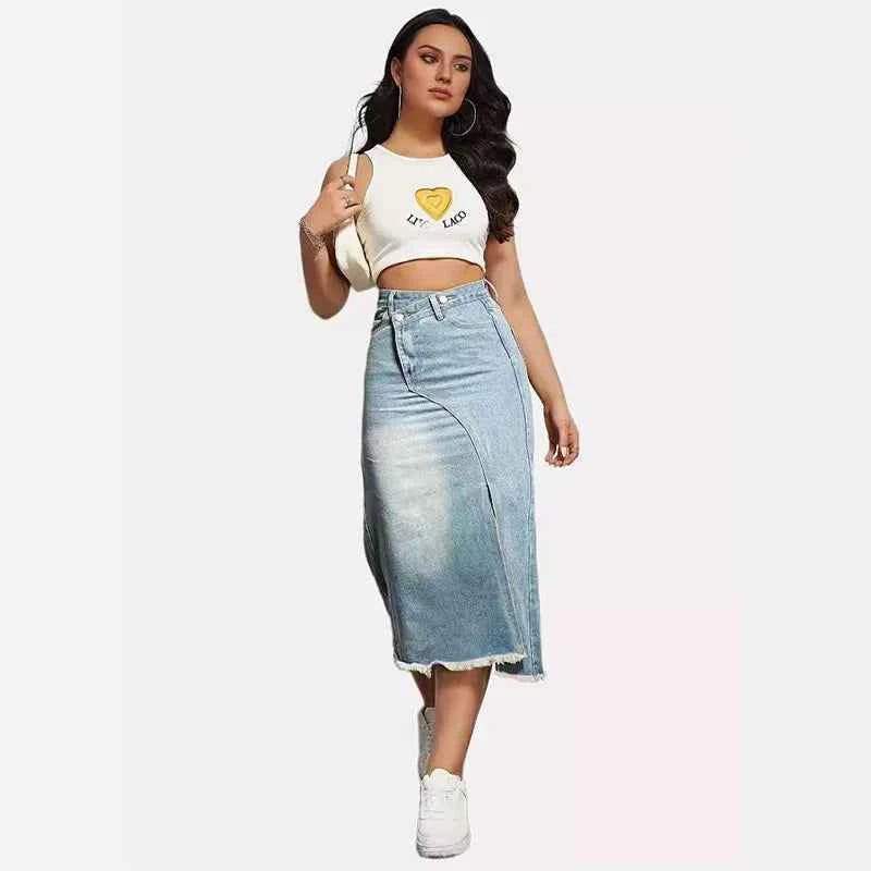 DongCMY Luxury Fashion Spring And Summer New Retro Denim Skirt Women's Fashion Slit Splicing Mid-length A-line Skirt