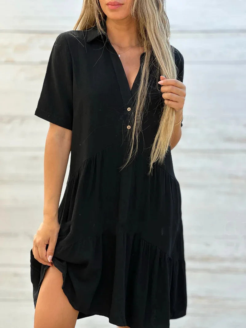 Loose Solid Casual Cotton And Linen Dress Women Summer Short Sleeve Ruffle Stitching Button Shirt Dress Women's Holiday Clothing GONZALES ONLINE SHOP