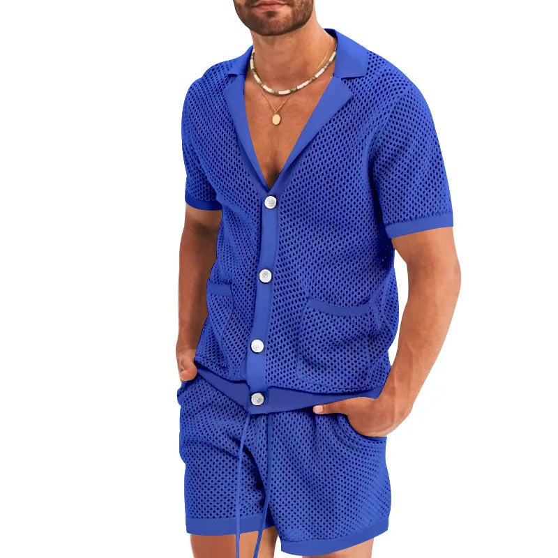 Summer New Men Shorts Mesh Hollow Out Knitted Casual Sports Lapel T-Shirt Short Sleeve Solid Beach Suit Men's 2 Pieces Set Suits GONZALES ONLINE SHOP