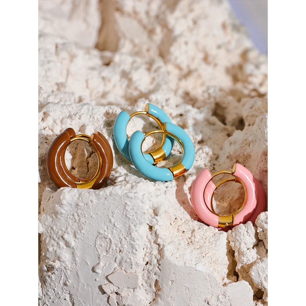 Yhpup 20mm Candy Color Blue Pink Brown Enamel Stainless Steel Hollow Hoop Earrings Golden Simple Trendy Y2K Sweet Jewelry Gift GONZALES ONLINE SHOP