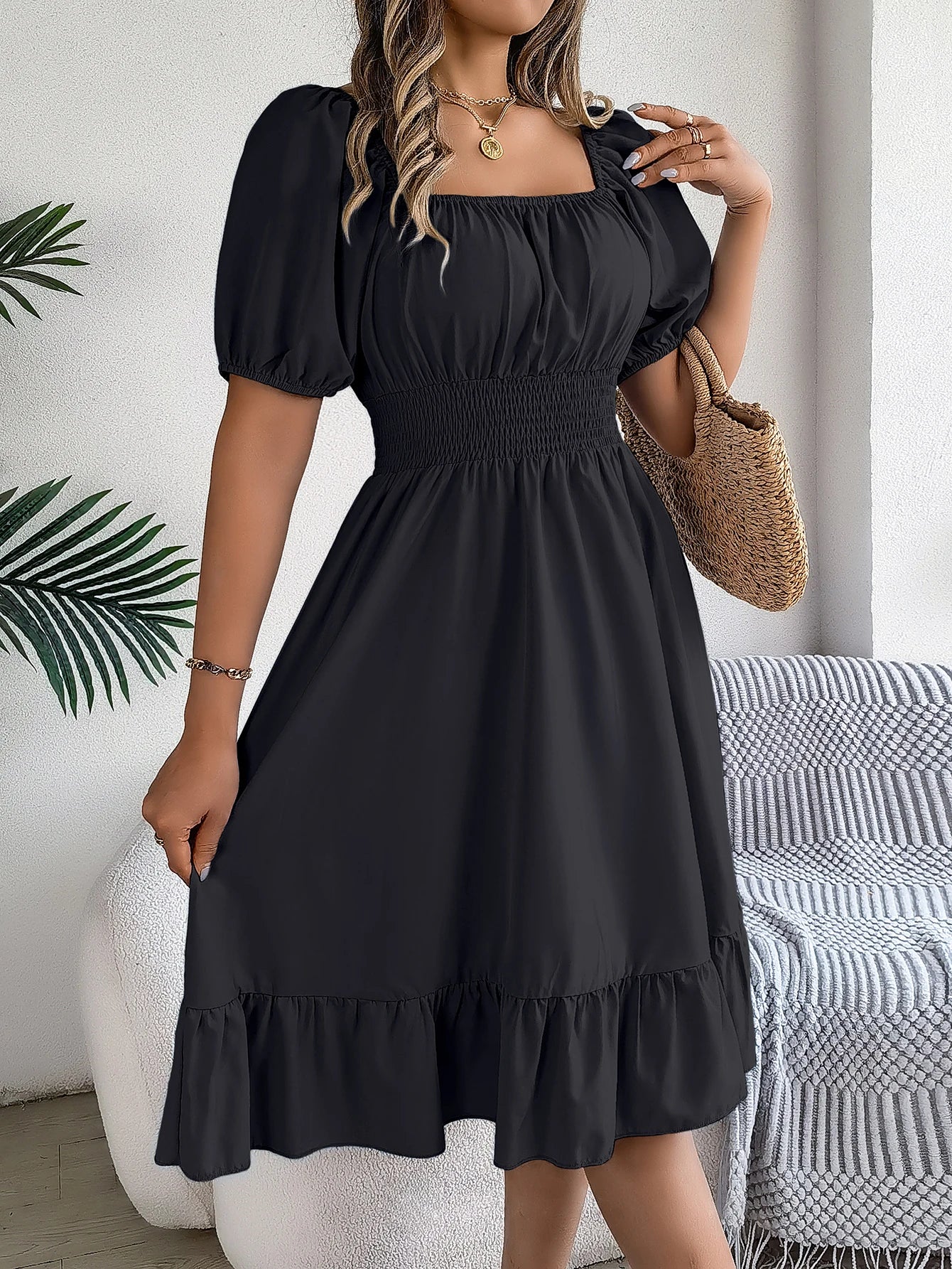 2024 New Fashion Solid Puff Sleeve Square Neck Ruched Bust Ruffle Hem Wasit Dress, Women's Clothing GONZALES ONLINE SHOP