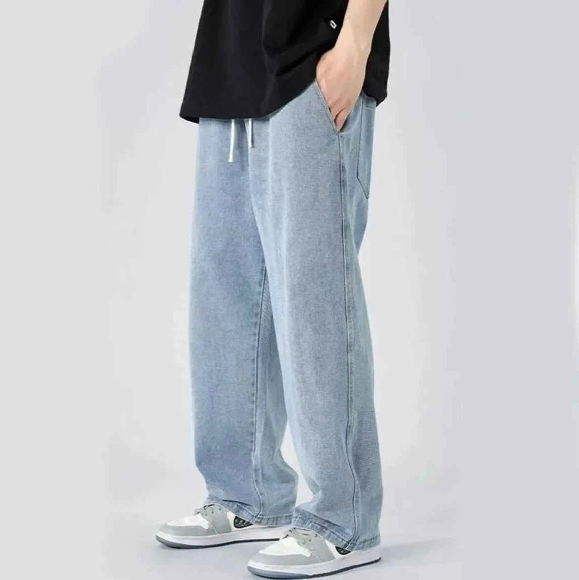2026 Spring Drawstring Elastic Waist Men's Jeans Straight Wide Leg Loose Trend Casual Pants Pants