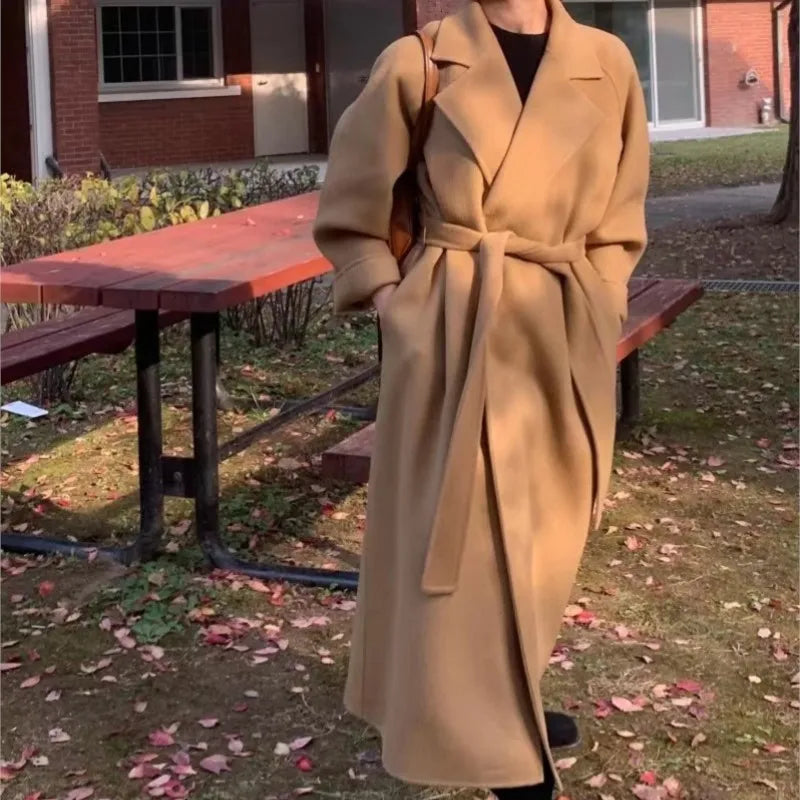 Women Elegant Long Woolen Coat with Belt Autumn Winter New Fashion Solid Lapel Long Sleeve Chic Outerwear Ladies Casual Overcoat GONZALES ONLINE SHOP