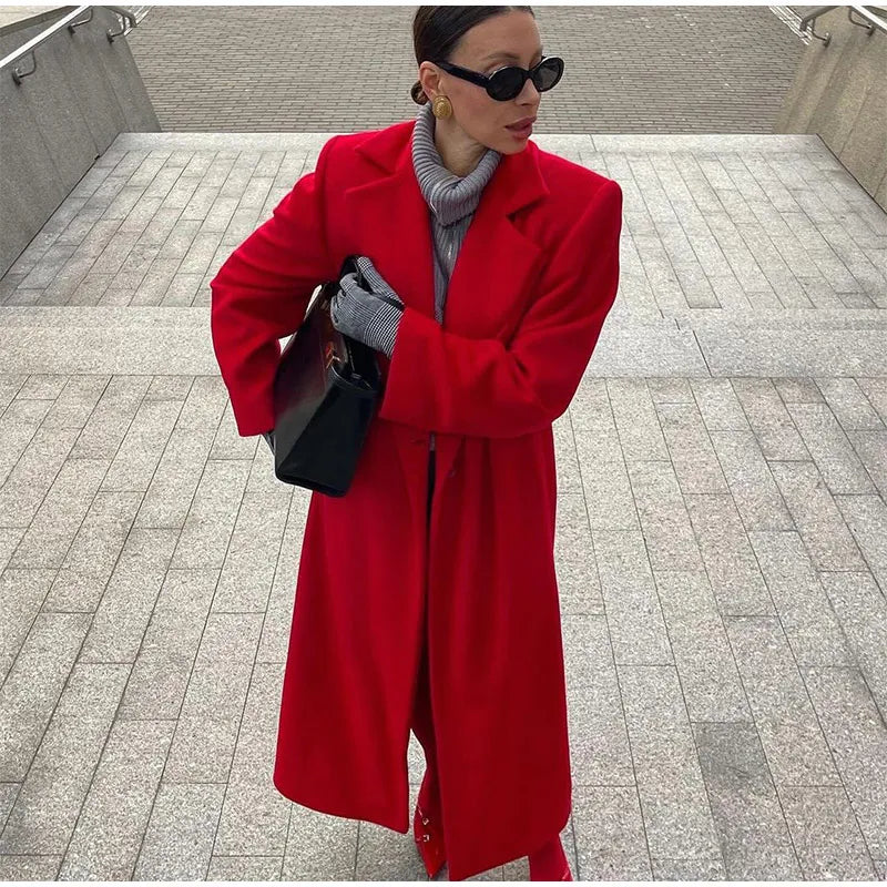 New Red Elegant Turndown Collar Women's Woolen Overcoat Vintage Full Sleeves Loose Commute Long Coat 2024 Lady Chic Fall Outwear GONZALES ONLINE SHOP