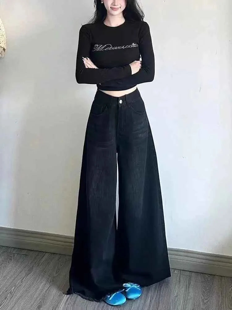 Wide Leg Jeans Women Denim Pants Vintage Straight Trousers Autumn Spring Fashion Female Black Casual Jeans Wide Leg Pants
