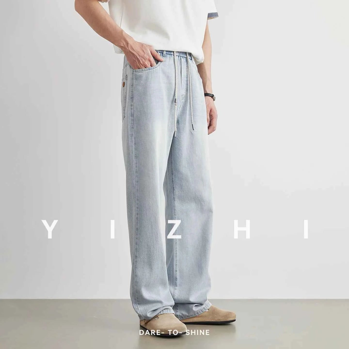 Fashion Men's Drawstring Elastic Waist Street Style Drape Jeans 2025 Summer Light Blue Washed Loose Straight Casual Pants