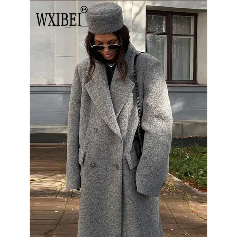 Retro Turn Down Collar Long Coat Women Autumn Solid Long Sleeve Maxi Coats Female Elegant Chic Oversize Double Breasted Outwear GONZALES ONLINE SHOP