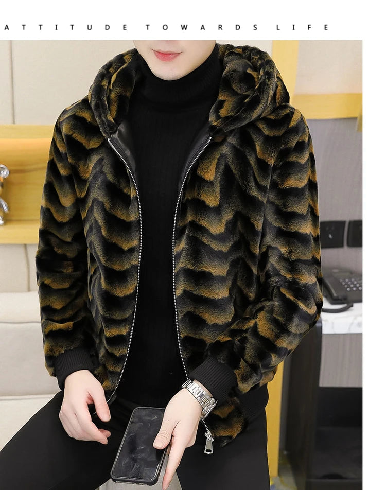 2022 Winter Faux Fur Mink Jackets Men Thicken Warm Imitation Fur Hooded Coat Slim Casual Business Social Jackets Men Clothing GONZALES ONLINE SHOP