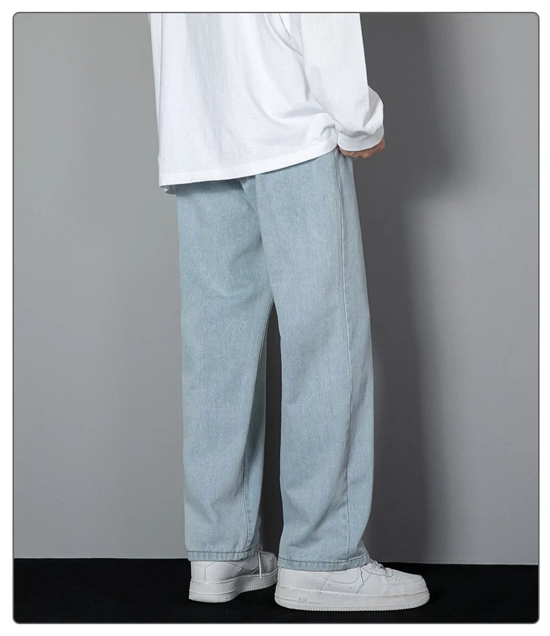 2026 New Korean Men's Casual Long Jeans Classic Man Straight Denim Wide-leg Pants Solid Color Light Blue Grey Black GONZALES ONLINE SHOP