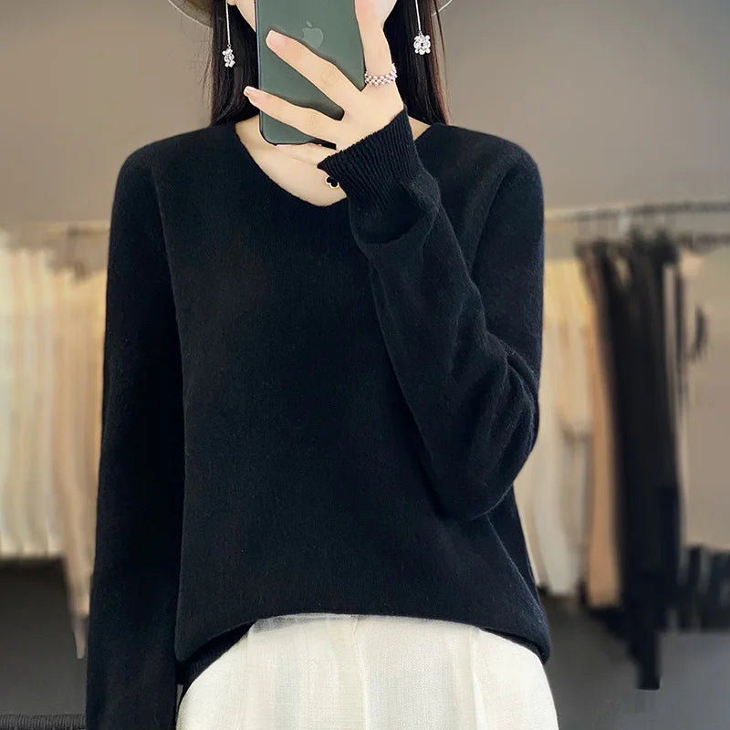 Women 100% Merino Wool Sweater V-Neck Basic Pullover Autumn Winter Cashmere Clothing Long Sleeve Soft Knitwear Tops Solid Color GONZALES ONLINE SHOP