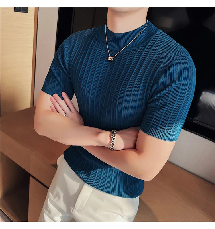 Men's High-End Casual Short Sleeve knitting Sweater/Male High collar Slim Fit Stripe Set head Knit Shirts Plus size S-4XL GONZALES ONLINE SHOP