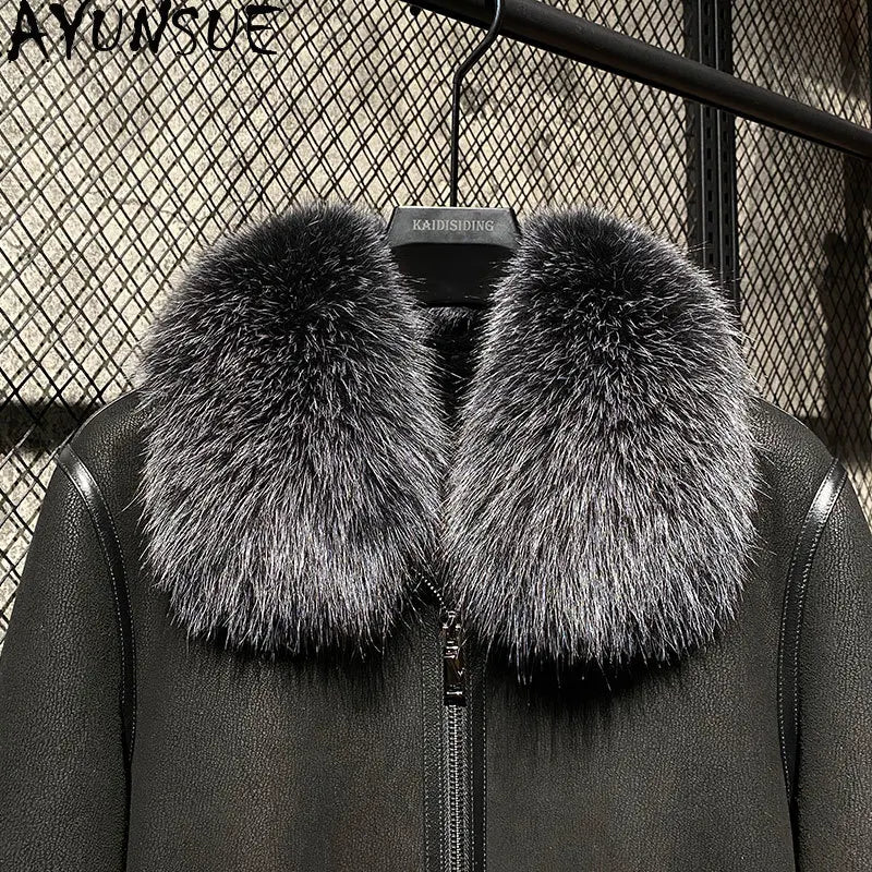 AYUNSUE Mens Natural Fur Jacket Sheepskin Genuine Leather Jacket Men Warm Real Fur Coat Winter Clothes Sliver Fox Fur Collar GONZALES ONLINE SHOP