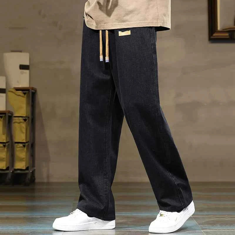 Men Straight Leg Blue Gray Loose Y2K Drawstring Jeans Streetwear Casual Wide Denim Pants Male Baggy Stylish Harajuku Trousers