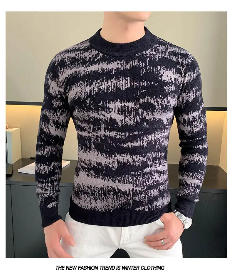 Autumn Winter Velvet Knitted Sweater Men Long Sleeve Casual Business Sweaters Comfortable Warm Versatile Social Pullover Tops GONZALES ONLINE SHOP