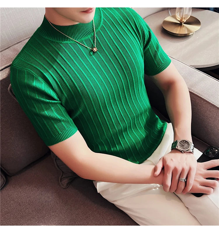 Men's High-End Casual Short Sleeve knitting Sweater/Male High collar Slim Fit Stripe Set head Knit Shirts Plus size S-4XL GONZALES ONLINE SHOP