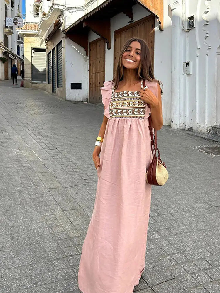 Women Vintage Printed Flare Sleeve Dress Elegant  Square Neck High Waist Split A-line Dresses 2024 Summer Ladies Vacation Robes GONZALES ONLINE SHOP