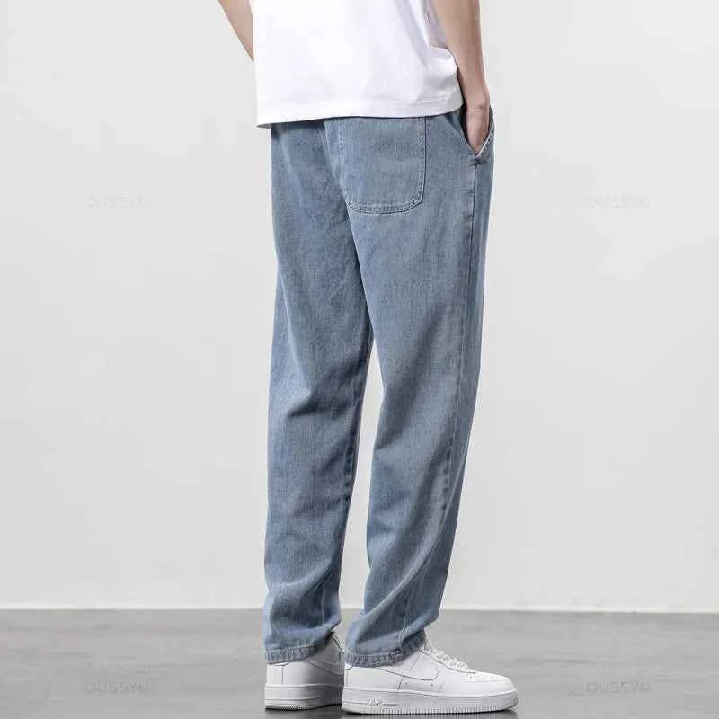 High Quality Fully Elastic Waist Men's Jeans Cotton Soft Drawstring Straight Pants Korea Casual Trousers Male Plus Size S-5XL