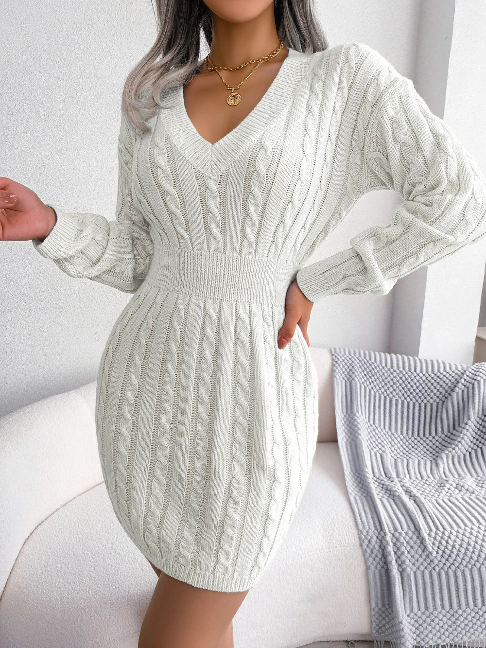 White Knitted Dresses Sweater Dress Lady V Neck Party Prom Clothes Winter Fashion Chic Long Sleeve Mini Skirt Bodycon Streetwear GONZALES ONLINE SHOP